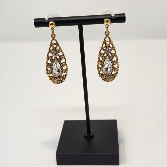 Teardrop Gold Tone Clear Rhinestone Dangle Drop Post Earrings Scrollwork Jewelry - Picture 1 of 5